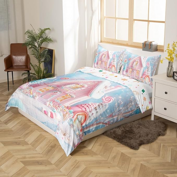 Manfei Christmas Kids Duvet Cover Set Twin Size, Cute Xmas Cabin Trees Bedding Set for Boys Girls Room Decor, New Year Theme Comforter Cover, Lightweight Bedspread Cover, 1 Pillowcase, No Comforter