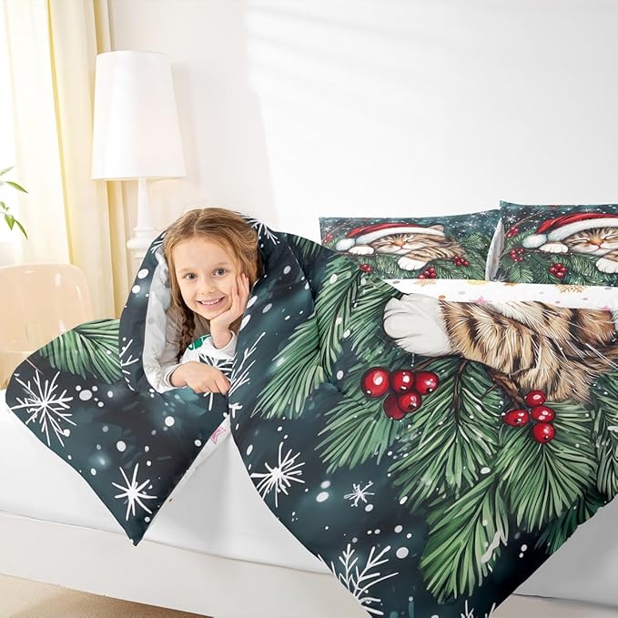 Cute Cat Kids Comforter Set Twin Size,Winter Holly Berry Snowflake Bedding Set Boy Girl Room Decor,Animal Merry Christmas Poinsettia Quilt Comforter,Dark Green Duvet Set Bedroom Quilt Set,1 Pillowcase