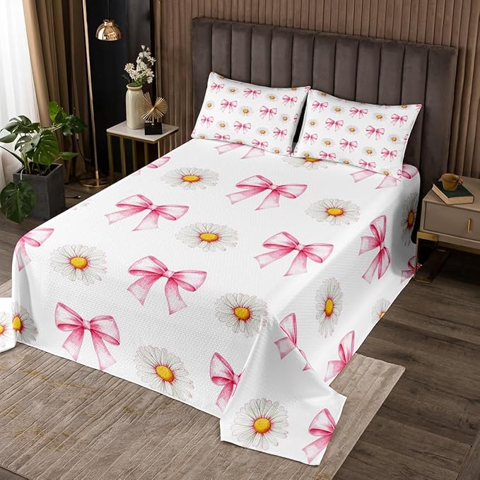 Pink Bowknot Kids Bedspread King Size,Daisy Flowers Bow Tie Knot Princess Coverlet Set,Girls Women Room Decor,Plant Floral Bows Romantic Quilted Coverlet,Boho Chic Bedding Quilt,2 Pillowcases