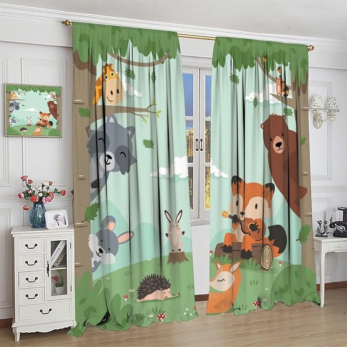Forest Animals Curtains Colorful Forest Cartoon Cute Fox Bear Giraffe for Kids Boys Girls Nursery Bedroom Living Room Blackout Rod Pocket Decoration Window Drapes 2 Panels W36xL63in