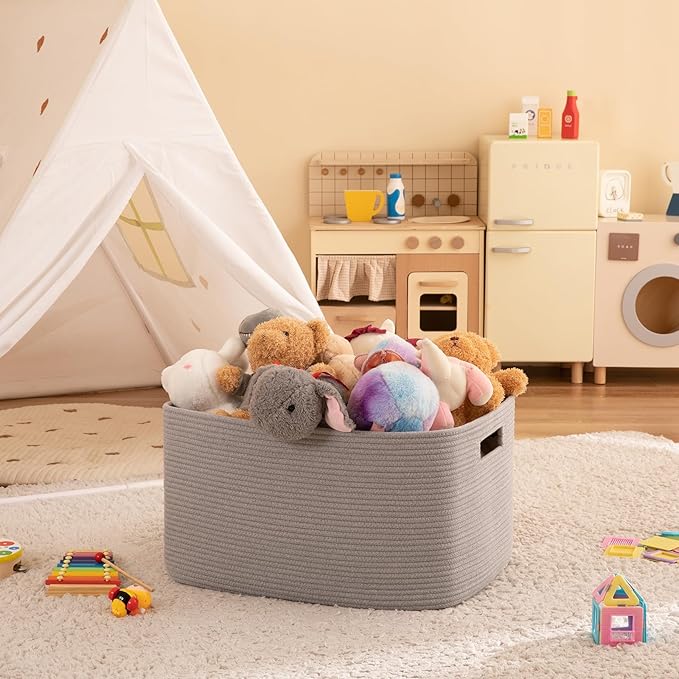 OIAHOMY 75L Large Blanket Basket, Woven Blanket Storage Basket with Handle, Cotton Rope Basket for Organizing 22”x17”x12”, Blanket Basket living Room, Toy Basket for Nursery, Grey