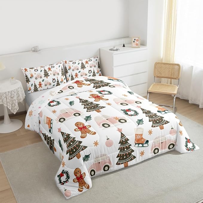 Feelyou Xmas Tree Car Comforter Set All Season Gingerbread Man Bedding Set with 2 Pillow Cases Garland Microfiber Kids Queen Bedclothes Bedroom Decor Duvet Quilt Breathable Soft