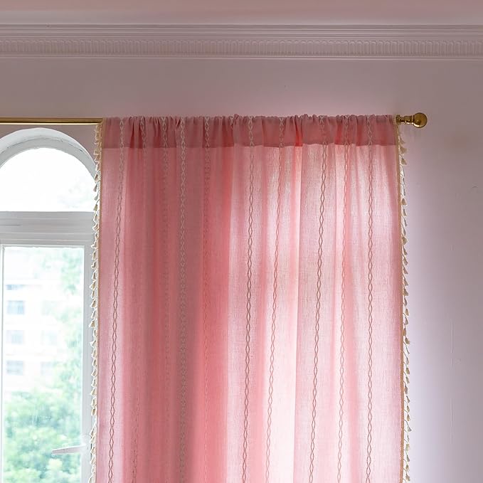Deeprove Pink Boho Curtains 63 inches Length for Baby Girl Bedroom Nursery, Vintage Bohemian 63 inches Long Embroidery Farmhouse Light Filter Country Tassel Window Treatments, W52 x L63, 1 Panel