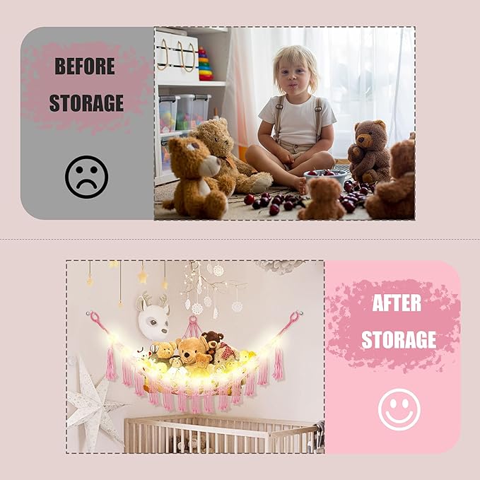 Stuffed Animal Hammock with LED Light, Large Stuffed Animals Storage Corner Plushie Net for Kids Room Decor, Jumbo Pink
