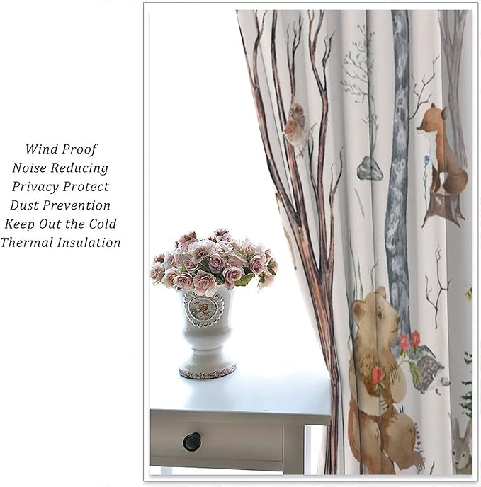 Rustic Forest Window Curtains Curtains, Woodland Animal Bear Deer Hedgehog Fox Squirrel Watercolor Blackout Rod Pocket Treatments Drapes for Boys Girls Bedroom 42x45in