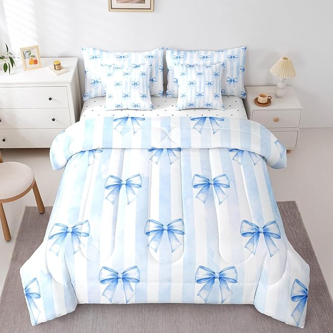 7 Pieces Blue Bowknot Kids Comforter Full Size,Geometric Stripes Bow Tie Patchwork Dreamy Girls Bedding Set,Butterfly Knot Princess Cute（Comforter+Fitted+Flat+2 Pillowcases+2 Throw Pillow Covers）