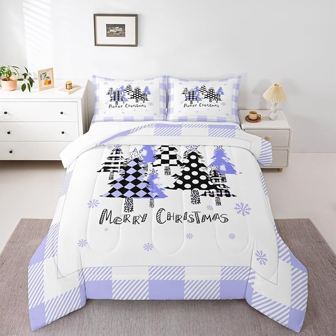 Manfei Xmas Trees Comforter Set Queen Size, Blue Plaid Grid Snowflake Bedding Set 3pcs for Kids Girls Boys Adults Room Decor, Christmas Theme Down Comforter New Year Quilt Set with 2 Pillowcases