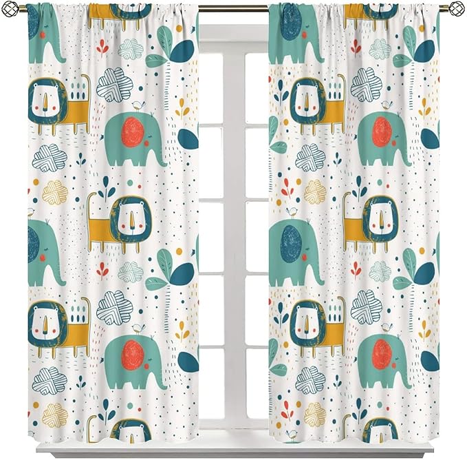 Cute Lions Blackout Curtains for Kids Bedroom,Cartoon Tropical Plants Birds Elephants Print Pattern Window Drapes,Funny Animal Thermal Insulation Curtain for Nursery Baby Room 42x63in