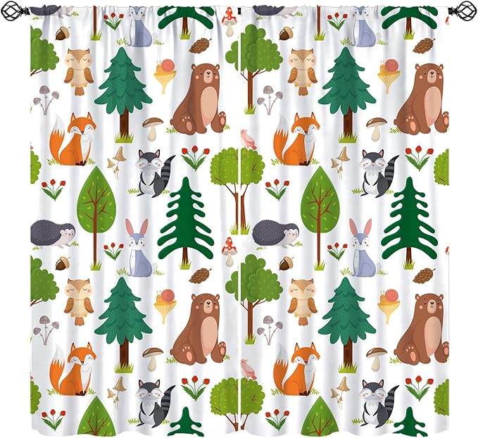 Jungle Animal Curtains, Woodland Animals Forest Pattern Blackout Window Treatments, Rod Pocket Thermal Insulated Drapes 2 Panel Sets for Kids Room Nursery Classroom, 52" W X 84" L