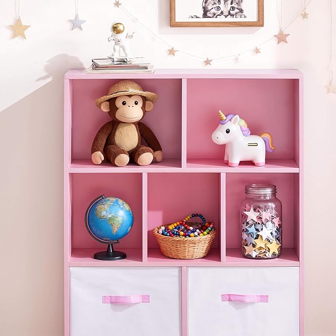 ivinta Toy Storage Organizer for Kids, 7-Cube Wooden Storage Cabinet with Collapsible Fabric Drawers for Children, 3-Tier Bookshelf for Playroom Nursery Bedroom Living Room (Pink)