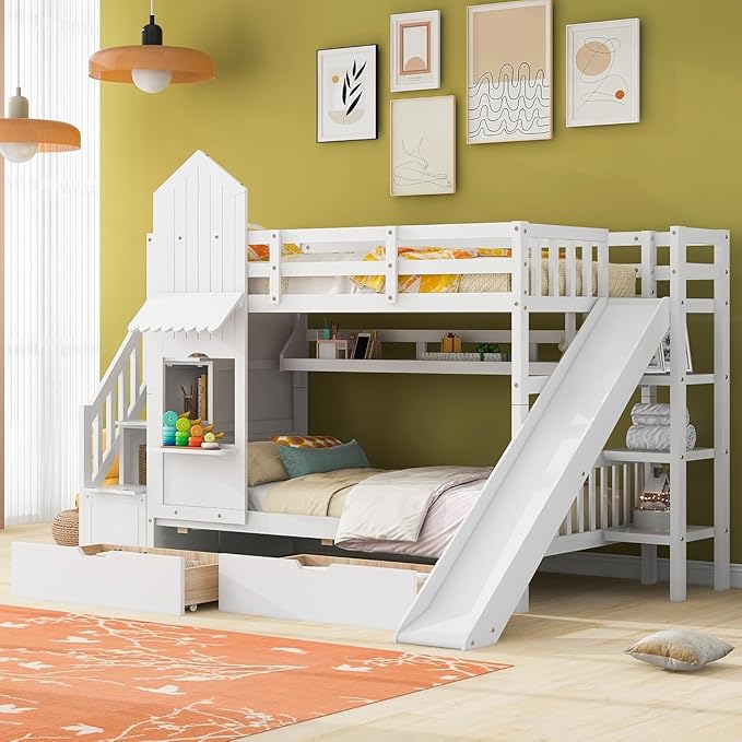 MERITLINE Twin Over Twin Castle Bunk Bed with Slide,Stairs and Drawers,Solid Wood Floor House Princess Bunk Bed with Storage Shelves (White)