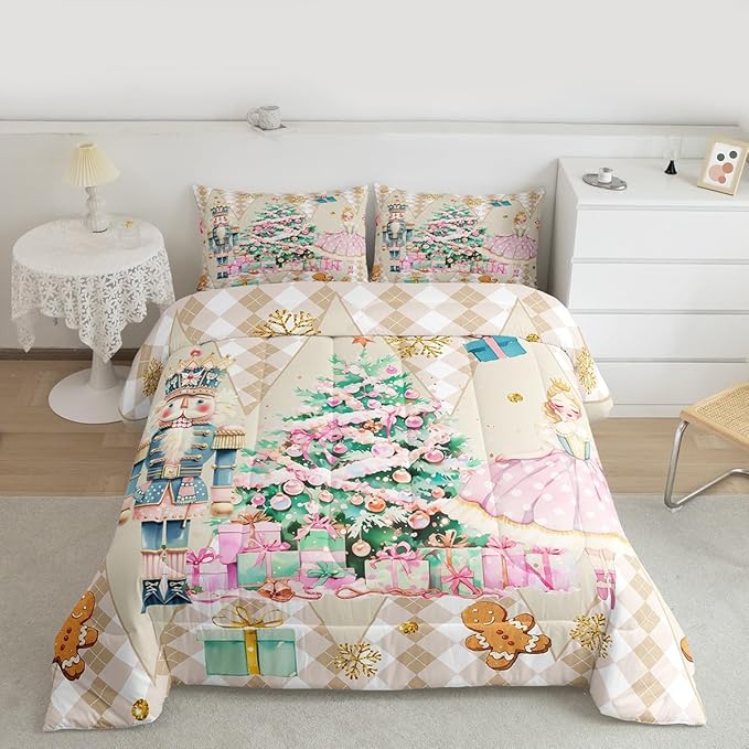 jejeloiu Christmas Nutcracker Comforter Set Queen Size Gingerbread Man Bedding Set for Kids Boys Girls Xmas Tree Duvet Quilt Beige Bedroom Decor