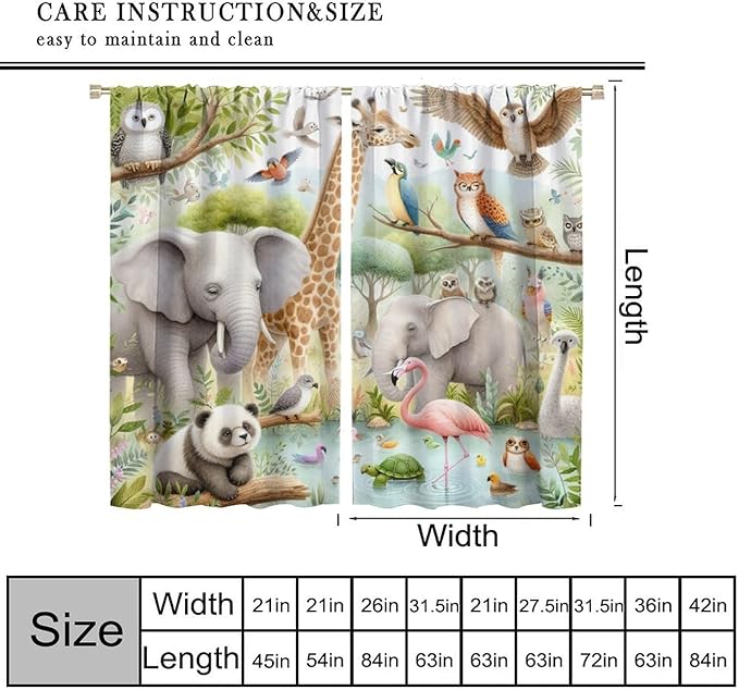 Kids Animals Curtain Cartoon Western Wildlife Flamingo Elephant Giraffe Window Treatment for Baby Children Bedroom Living Room 42" W X 45" L