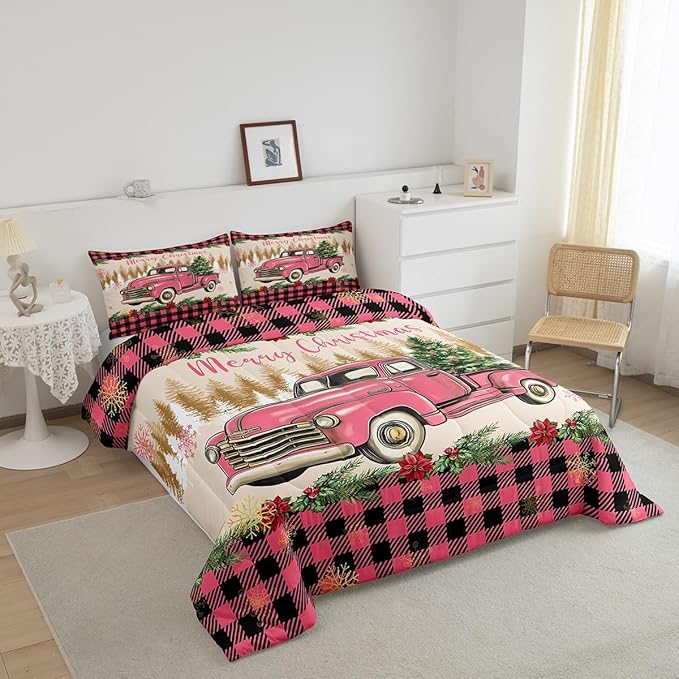 Erosebridal Christmas Comforter Sets Merry Xmas Tree Bedding Sets King Red Truck Painting Down Comforter,Lattice Decor Bed Set for Kids Boys Girls Teens Bedroom Decor,Reversible