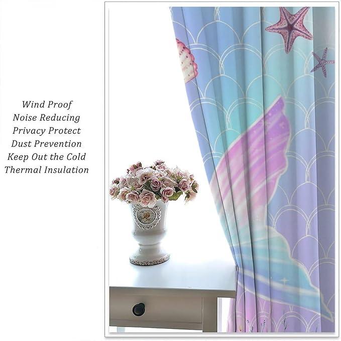 Fantasy Mermaid Curtain Colorful Rainbow Fish Tail Ocean Theme Beautiful Kids Window Treatment for Girls Bedroom Nursery Room Decor Rod Pocket Window Drapes 52x84in