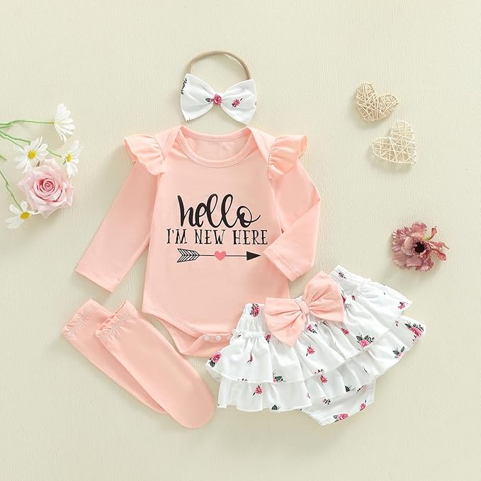 Newborn Baby Girl Clothes Hello I'm New Here Romper Ruffle Shorts Tutu Skirt Set Cute Infant Coming Home Outfits