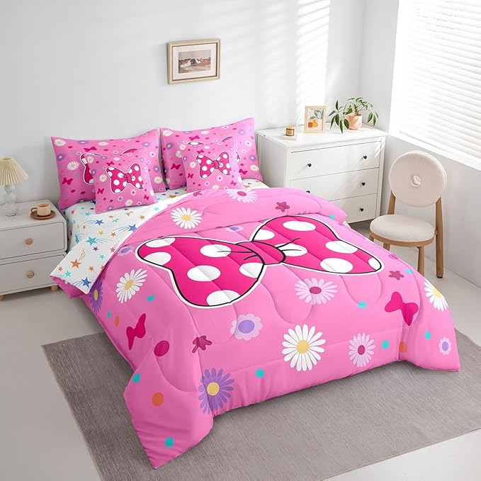 7 Pieces Pink Bowknot Kids Comforter Set King,Daisy Flowers Geometric Dot Patchwork Bedding Set,Bow Tie Cute Princess Dreamy Chic（Comforter+Fitted+Flat Sheet+2 Pillowcases+2 Throw Pillow Covers）