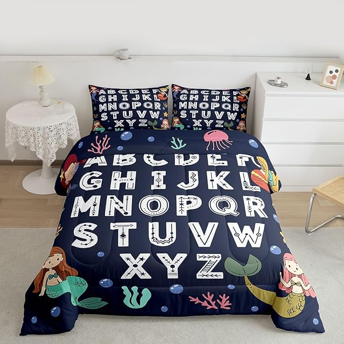 Feelyou Alphabet Kids ABC Learning Bedding Set Soft for Boys Girls, Cute Mermaid Comforter Set King Size Educational Nursery Art Duvet Quilt Microfiber Sealife Bedroom Decor 3 Pcs with 2 Pillow Cases