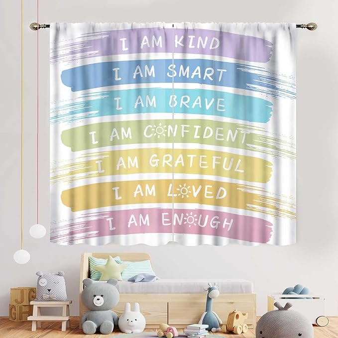 Rainbow Curtains for Classroom, Kids Girls Baby Boho Cute Inspirational Motivational Quotes Cartoon Colorful Pastel Nursery Classroom Bedroom Living Room Bathroom Window Drapes 2 Panels, 84"x84" Inch