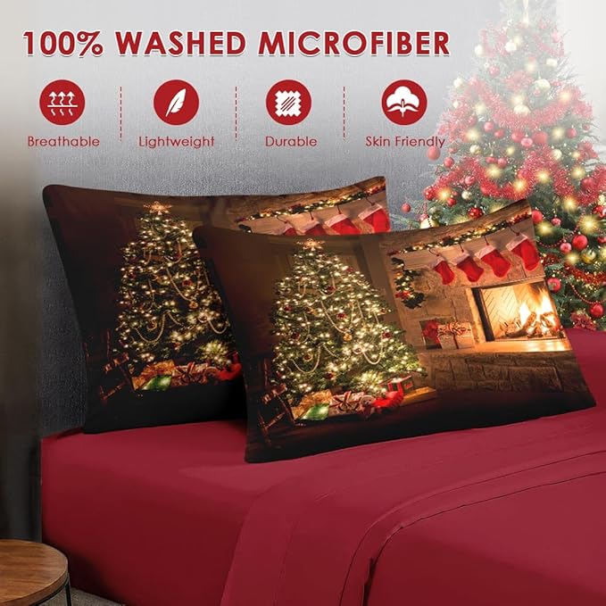 7 Pcs Full Size Christmas Comforter Set with 2 Pillowcases & 2 Shams, Vintage Fireplace Tree Bedding for Kids and Adults, Winter Holiday Red Socks Bed in a Bag with Flat Fitted Sheet