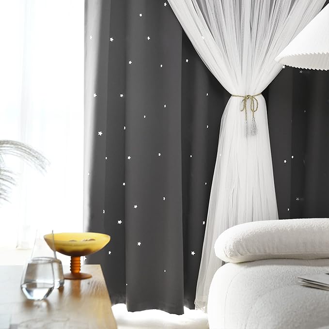 Kinryb Kids Blackout Curtains for Bedroom/Living Room/Classroom, Sheer Overlay 2 Panel Set, Double Layer Curtains with Star Cutout for Kids Room(Each Piece W 70 x L 72 Inches 2 Pcs Grey)