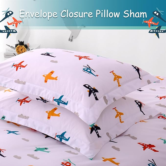 JSD Airplane Kids Duvet Cover Set Queen Size, 3 Piece Soft Printed Microfiber Comforter Cover with Pillow Sham Zipper Closure, Comforter Not Included