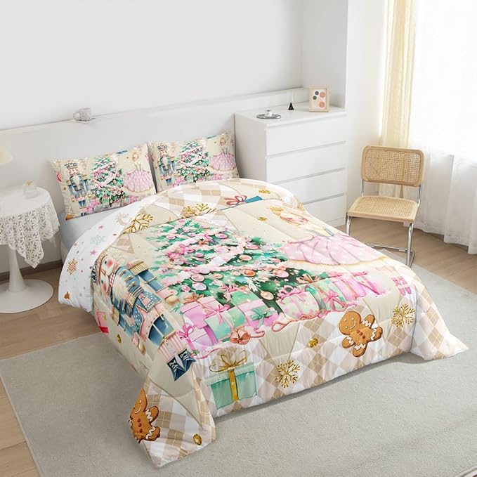 jejeloiu Christmas Nutcracker Comforter Set Queen Size Gingerbread Man Bedding Set for Kids Boys Girls Xmas Tree Duvet Quilt Beige Bedroom Decor