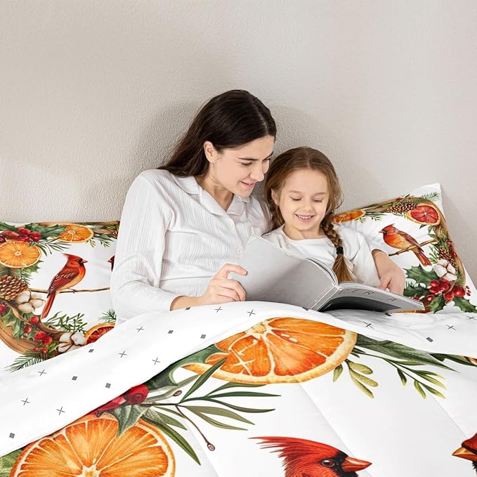 jejeloiu Kids Red Cardinal Comforter Set Full Size Christmas Theme Bedding Set for Boys Girls Teens Xmas Birds Animal Lemon Winter Wood Duvet Quilt Room Decor