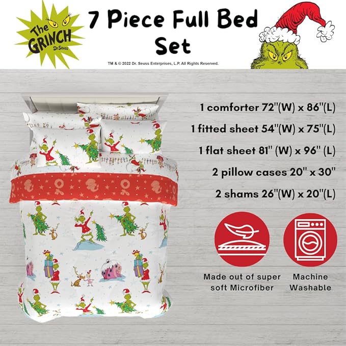 Grinch by Dr. Seuss Holiday & Christmas Bedding Super Soft Comforter and Sheet Set with Sham, 7 Piece Full Size (Official Dr. Seuss Product) by Franco