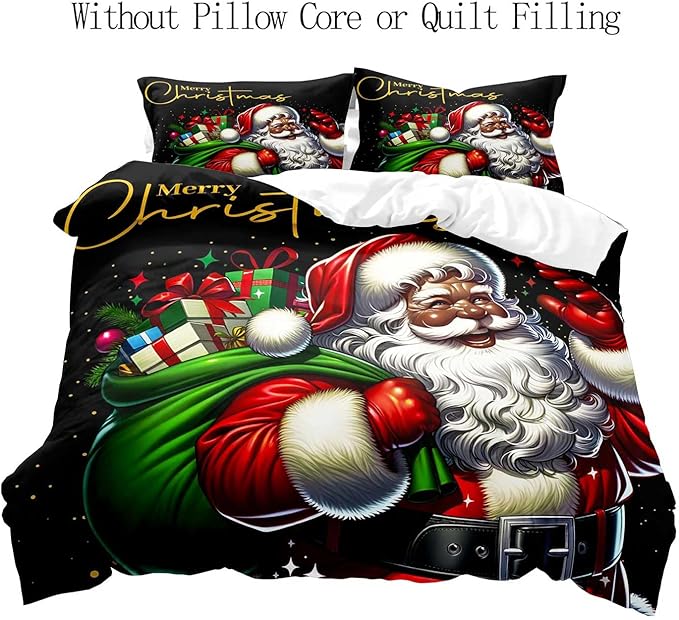 LUVIVIHOME 3PCS Black Santa Claus Duvet Cover King Bedding Set, Christmas Bedding, Holiday Xmas Gifts Black Comforter Quilt Cover, African American Christmas Decorations, Bed in a Bag, 2 Pillow Shams