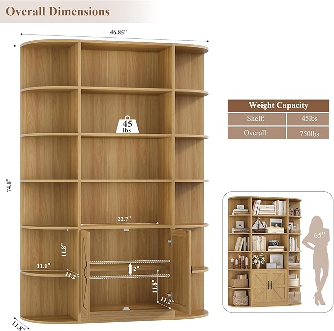 HOSTACK 75" Tall Book Shelf and Bookcase, 6 Tier Bookshelf with Storage, 47" Wide Bookcase with Door, Freestanding Wood Display Shelves with Book Storage Cabinet for Office, Living Room, Natural Oak