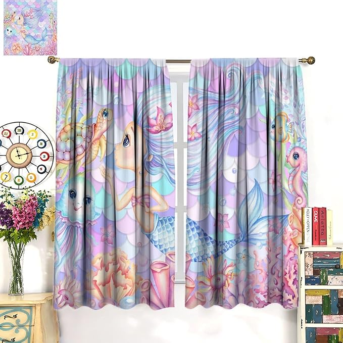 Fantasy Mermaid Curtain Dream Cartoon Marine Organisms Turtle Coral Ocean Theme Dream Blackout Window Treatment for Kids Girls Bedroom Nursery Room Decor Rod Pocket Window Drapes 55x63in