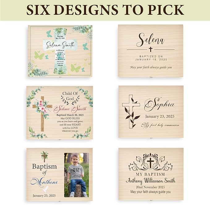 Personalized Pine/Walnut Keepsakes Baptism Gifts Wooden Box, 8 * 6 * 3 Walnut Wooden Boxes First Communion Gifts for Boys/Girls, Personalized Wood Storage Engraved Keepsake Box for Baptism