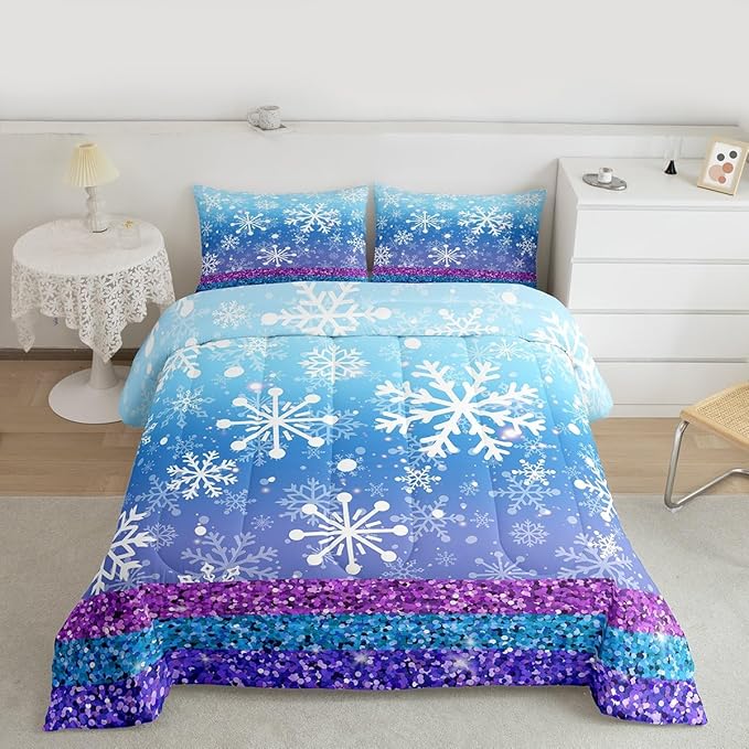 Feelyou Winter Snowflake Comforter Set All Season Glitter Print Bedding Set with 1 Pillow Cases Christmas Microfiber Kids Twin Bedclothes Holiday New Year Bedroom Decor Duvet Quilt Soft Lightweight