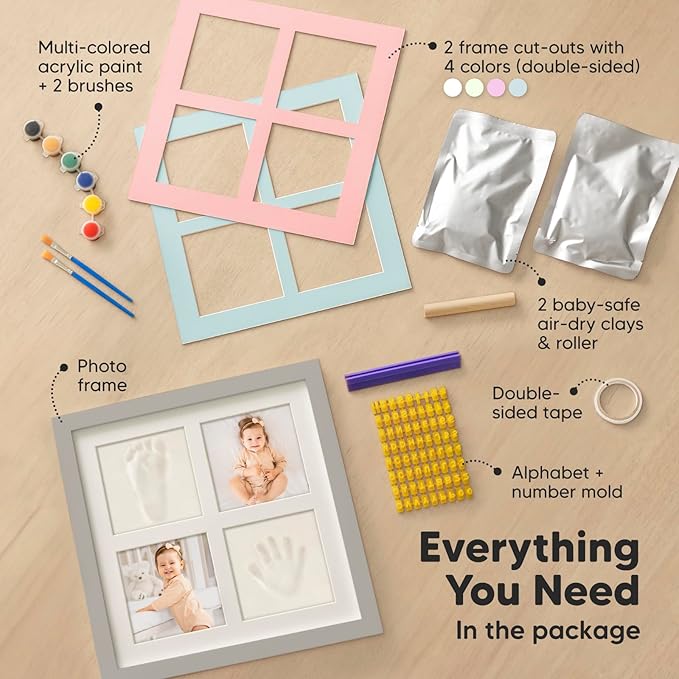KeaBabies Baby Hand and Footprint Kit - Baby Footprint Kit, Clay Handprint Keepsake Frame, Nursery Picture Frame For Newborns, Personalized New Mom Gifts for Showers & Registry (Cloud Gray)