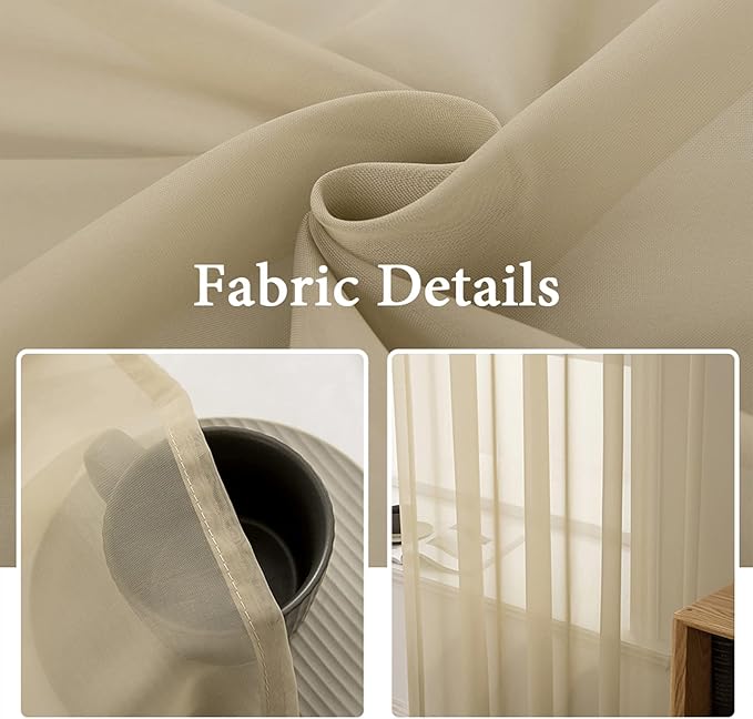 MIULEE Beige Window Sheer Curtains for Bedroom Living Room Solid Elegant Net Drapes 2 Panels Width 38 x Length 84 Inches