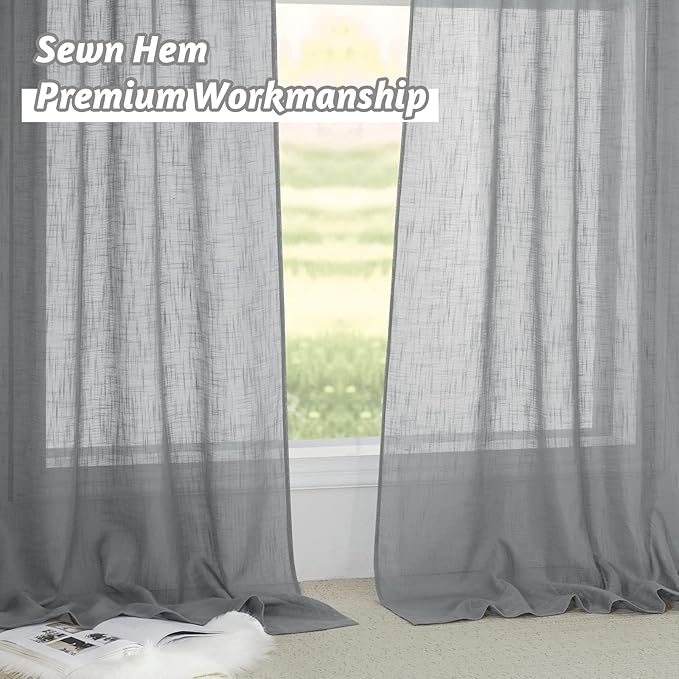 RYB HOME Semi Sheer Curtains - Linen Textured Sheer Privacy Protect Light Glare Filtering Window Curtains for Bedroom Bathroom, W 52 x L 72 inches, 1 Pair, Grey