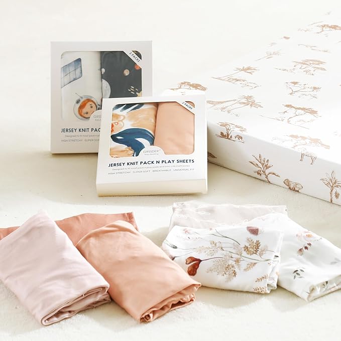 Stretchy Ultra Soft Jersey Knit Fitted Pack n Play Sheets Set 2 Pack, Portable/Mini Crib Sheets for Girls, Universal Fit for Pack N Plays Safe and Snug, Cute Blush Flora Print