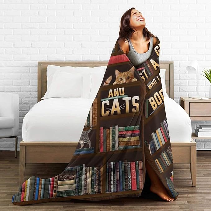 Cute Cat Themed Blanket Just a Girl Who Loves Books and Cats Throw Blankets for Kids Adults Lovers Warm Soft Plush Funny Animal Stuff Fleece Flannel Throws Reading Gifts for Girls Women 50"x40"