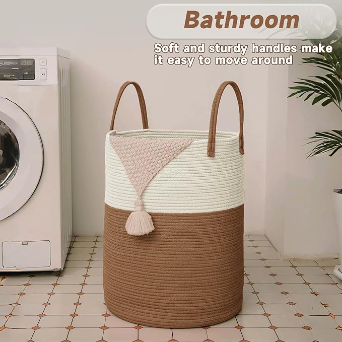 Large Woven Laundry Basket Hamper,80L Cotton Rope Storage Bin for Blankets,Toys and Clothes,Decorative Tall Nursery Hamper for Living Room,Baby Nursery,Bathroom and Bedroom,White and Brown