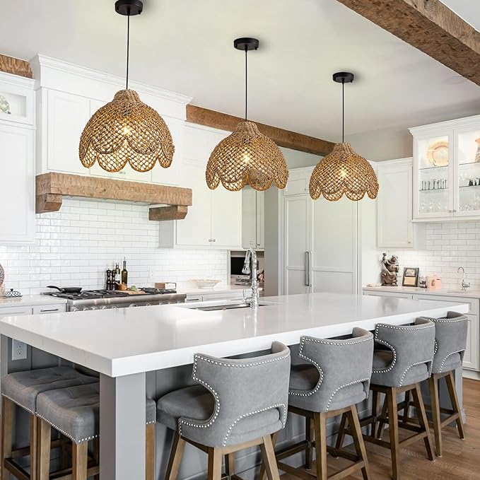 13.8inch Rattan Light, Rustic Hand Woven Wicker Pendant Light Brown Rattan Ceiling Lighting Fixtures for Living Room Dining Room Bedroom Kitchen Island Hallway,1-Light