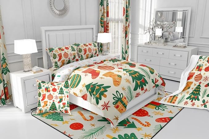 Feelyou Christmas Comforter Set All Season Xmas Tree Bedding Set with 1 Pillow Cases New Year Gift Microfiber Kids Toddler Bedclothes Christmas Stockings Bedroom Decor Duvet Quilt Breathable Soft