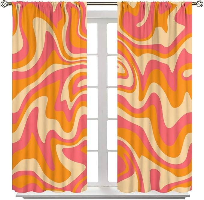 Abstract Wavy Swirl Curtains,60s 70s Groovy Aesthetic Retro Boho Orange Pink Abstract Curtains for Girls Bedroom Living Room Window 42"" W X 54"" L, Style-2