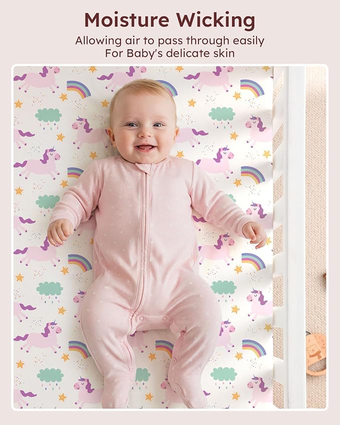 Pack and Play Sheets Fitted, 3 Pack Soft Stretchy Baby Mini Crib Sheets for Pack N Play Mattress and Portable Playard Sheets for Girls Purple Rainbow Unicorn