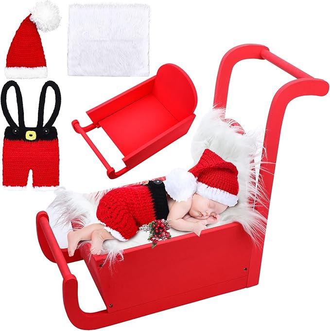 3 Set Christmas Newborn Photography Props Mini Red Sleigh Newborn Photography Basket Christmas Cap Crochet Santa Claus Outfits White Fur Blanket for Baby New Baby Photographic Props