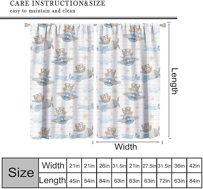 Cartoon Bear Curtains, Lovely Bear Adventure Airplane Blue White Stripe Window Treatments, Rod Pocket Thermal Insulated Drapes 2 Panel Sets for Kids Bedroom Nursery Classroom, 42" W X 45" L