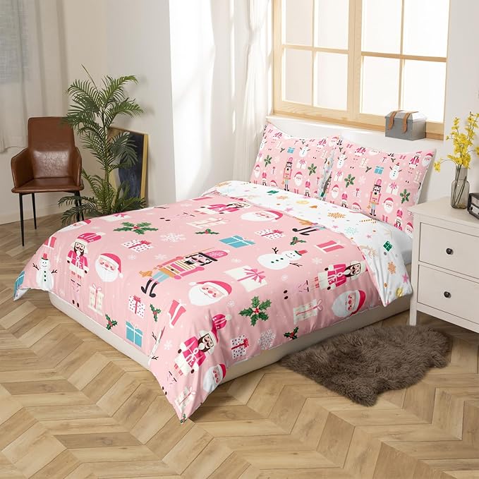Pink Christmas Nutcracker Decorative Comforter Cover King Size Xmas Cartoon Santa Claus Duvet Cover New Year Festival Snowman Snowflake Bedding Set Gifts for Kids Boys Girls 2 Pillow Cases Pink