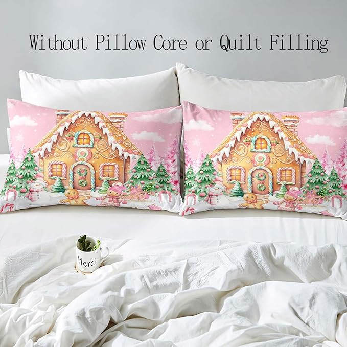 LUVIVIHOME 3PCS Pink Gingerbread House Duvet Cover King Bedding Set, Teen Girl Bedding, Gingerbread Man Snowman Christmas Tree Candy Cane Winter Holiday Kids Christmas Comforter Cover, 2 Pillow Cases