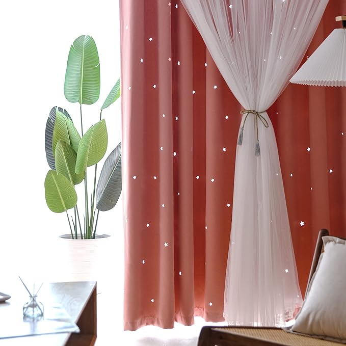 Kinryb Princess Curtains for Girls Bedroom with Sheer Overlay,Double Layer Curtain for Living Room with Star Cutout, Curtains for Kids Room (70 W*95 L Inches,2 Pcs Coral)