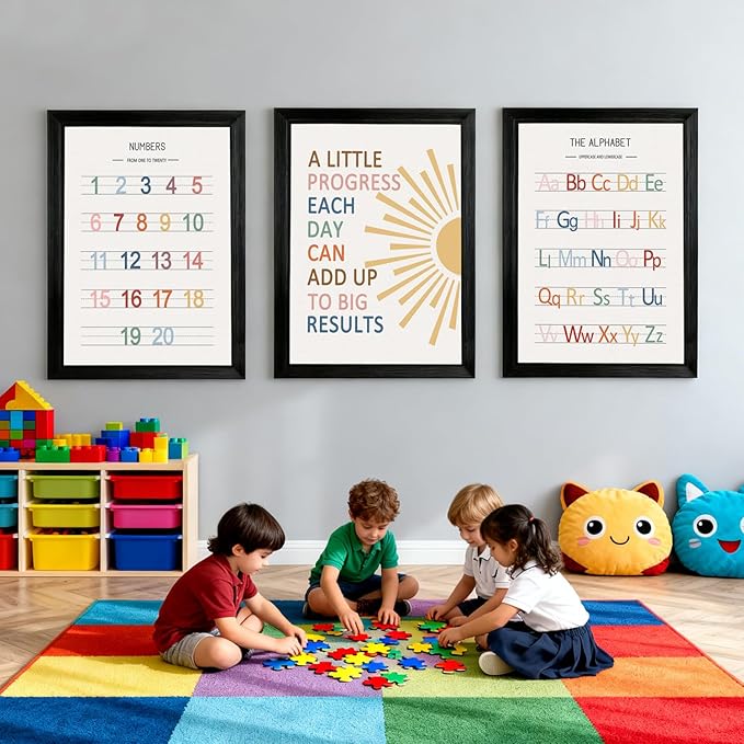 3 PCS Alphabet Numbers Framed Playroom Wall Decor,Classroom Must Haves,A Little Progress Each Day Boho Educational ABC Poster Wooden Sign for Baby Girl Kid Boy Toddlers,Neutral Preschool English Letters Nursery Decor for Homeschool Kindergarten Kids Le...